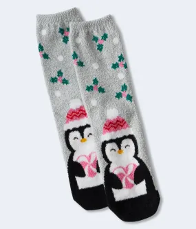 Aeropostale Womens' Penguin Heart Fuzzy Crew Socks - Grey - Size One Size - Polyester - Teen Fashion & Clothing Light Heather Grey