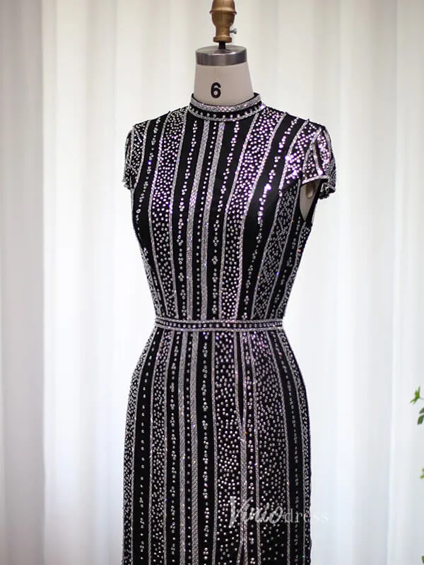 Beaded Black Sheath Evening Dress Cap Sleeve High Neck Prom Dresses 20098