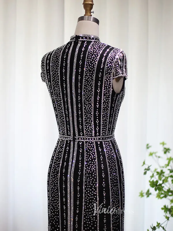 Beaded Black Sheath Evening Dress Cap Sleeve High Neck Prom Dresses 20098