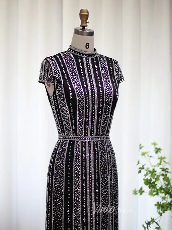 Beaded Black Sheath Evening Dress Cap Sleeve High Neck Prom Dresses 20098