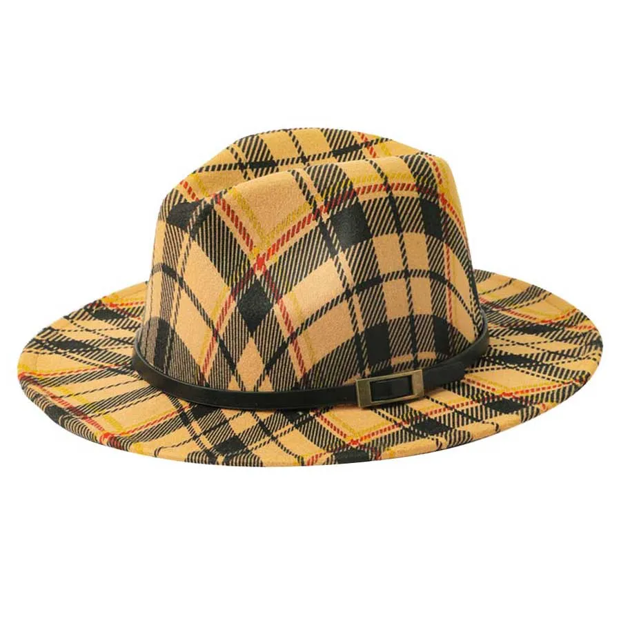 Belt Band Accented Plaid Check Patterned Fedora Hat