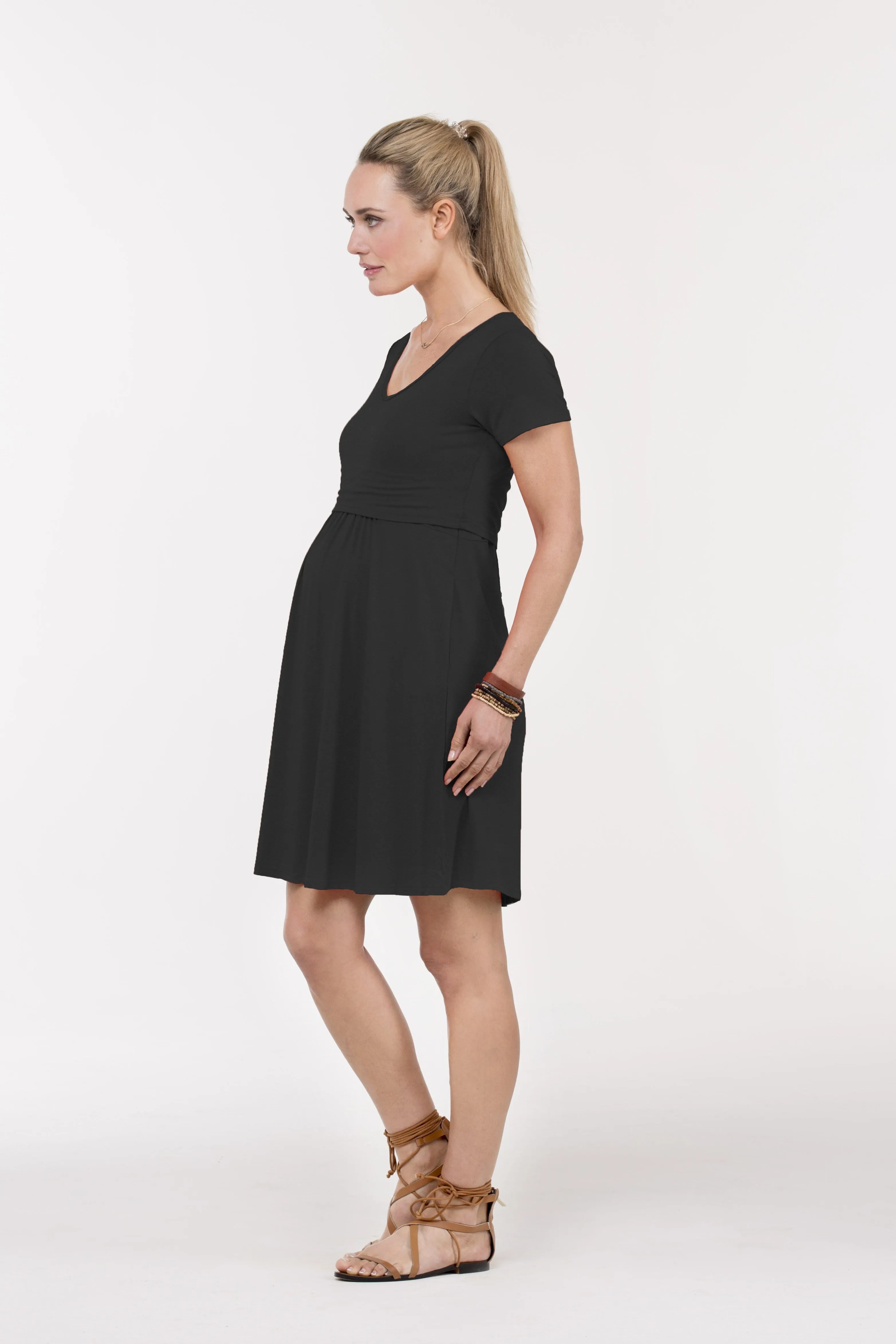 Betsy V-Neck Short Sleeve Nursing Dress Black