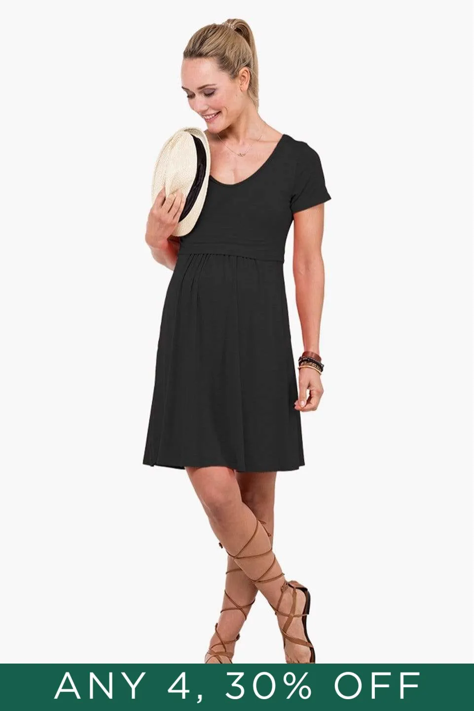 Betsy V-Neck Short Sleeve Nursing Dress Black