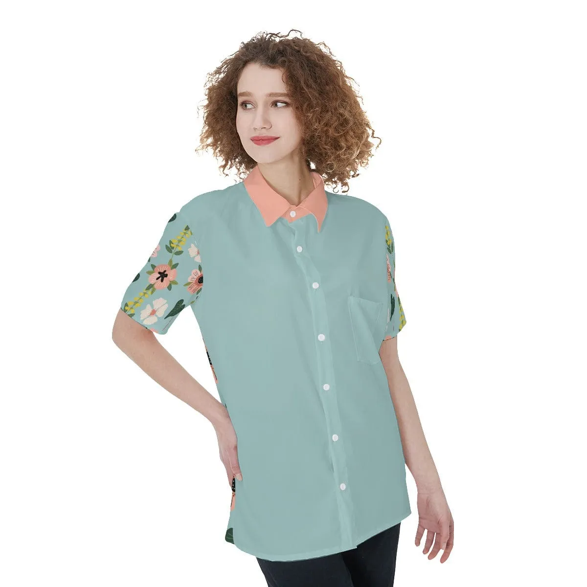 Blue Green Coral Floral - Women's Short Sleeve Shirt With Pocket