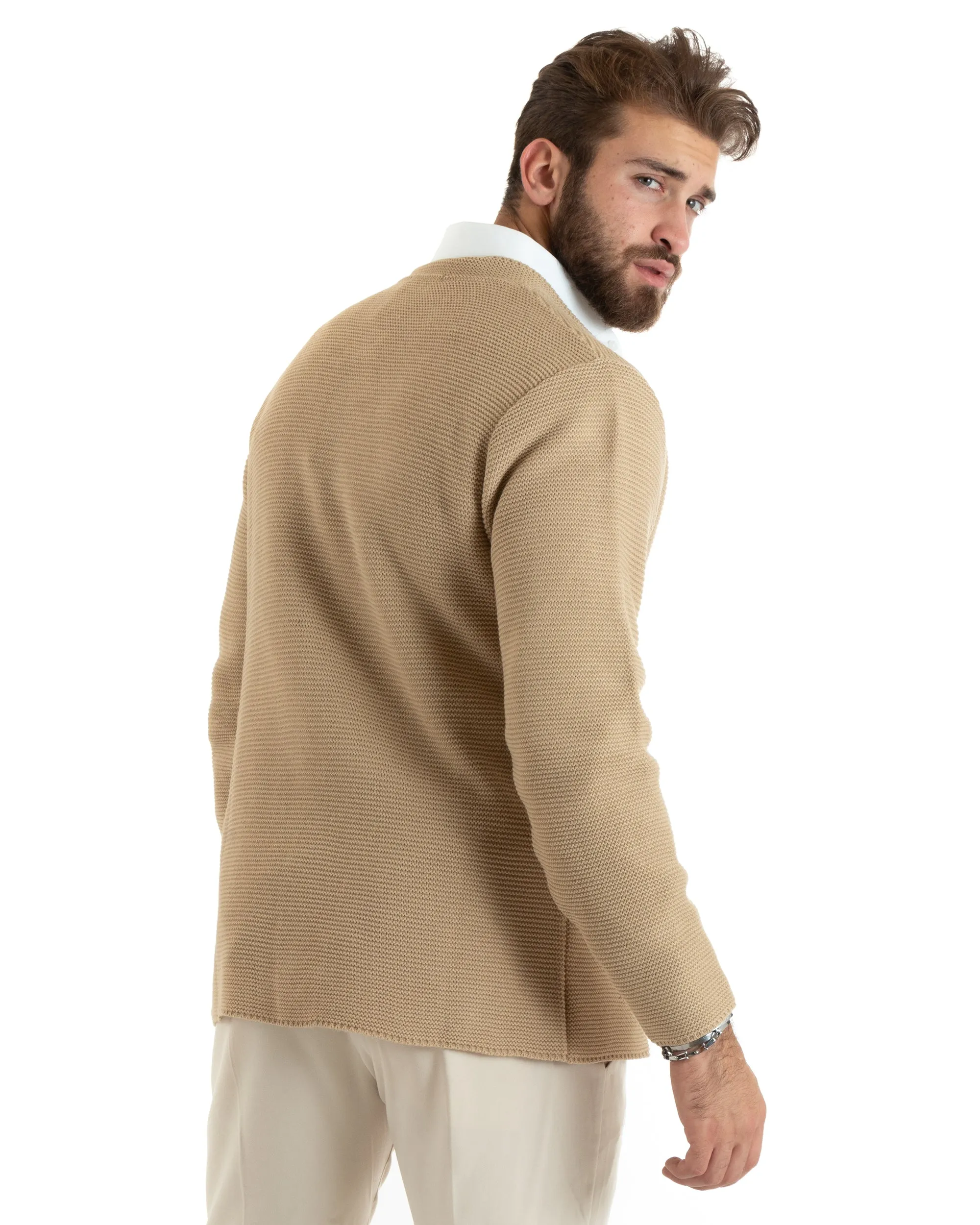 Cardigan Uomo Collo Coreano Maglioncino Monopetto Maglia Giacca Con Bottoni Beige Casual GIOSAL-M2672A