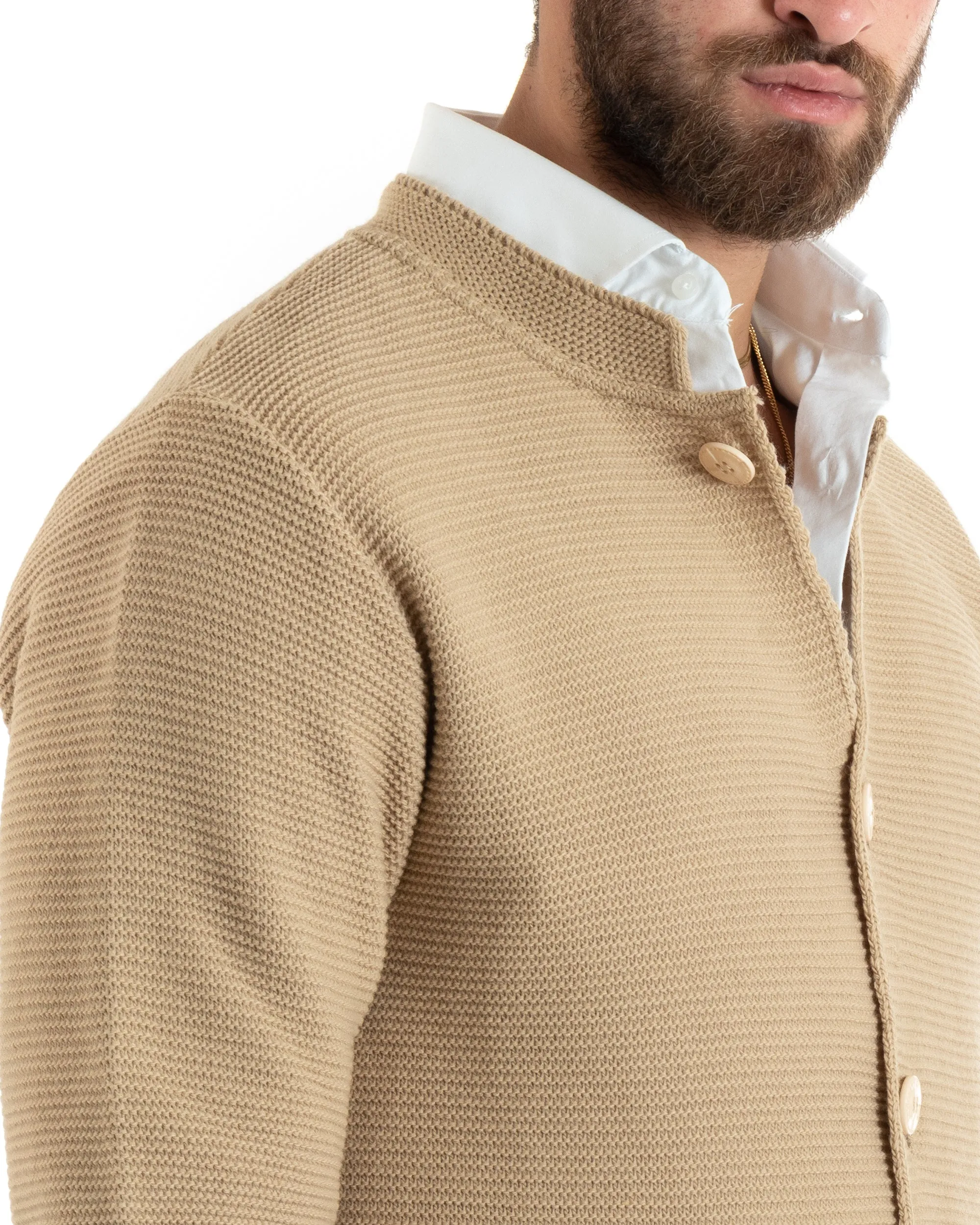 Cardigan Uomo Collo Coreano Maglioncino Monopetto Maglia Giacca Con Bottoni Beige Casual GIOSAL-M2672A