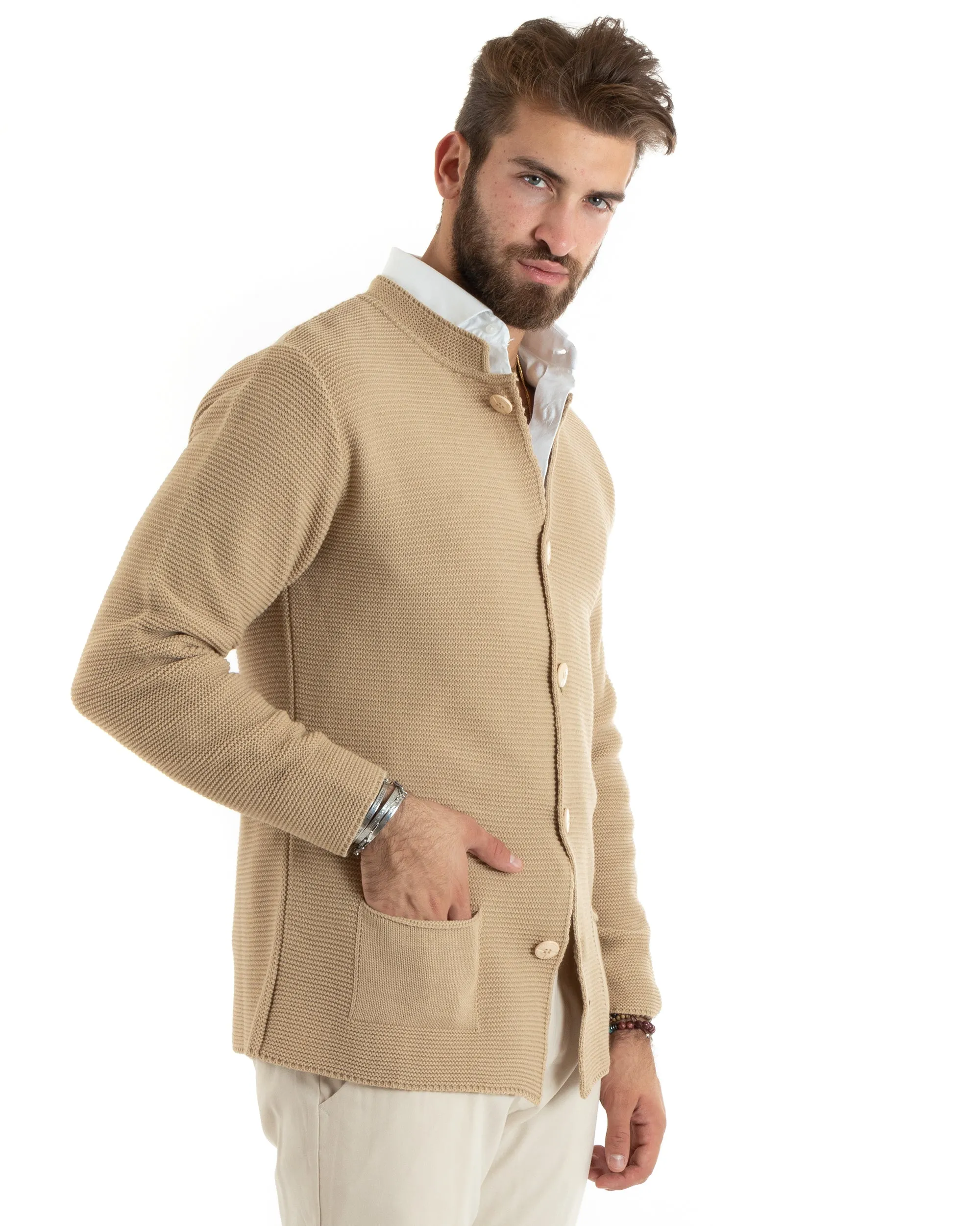 Cardigan Uomo Collo Coreano Maglioncino Monopetto Maglia Giacca Con Bottoni Beige Casual GIOSAL-M2672A