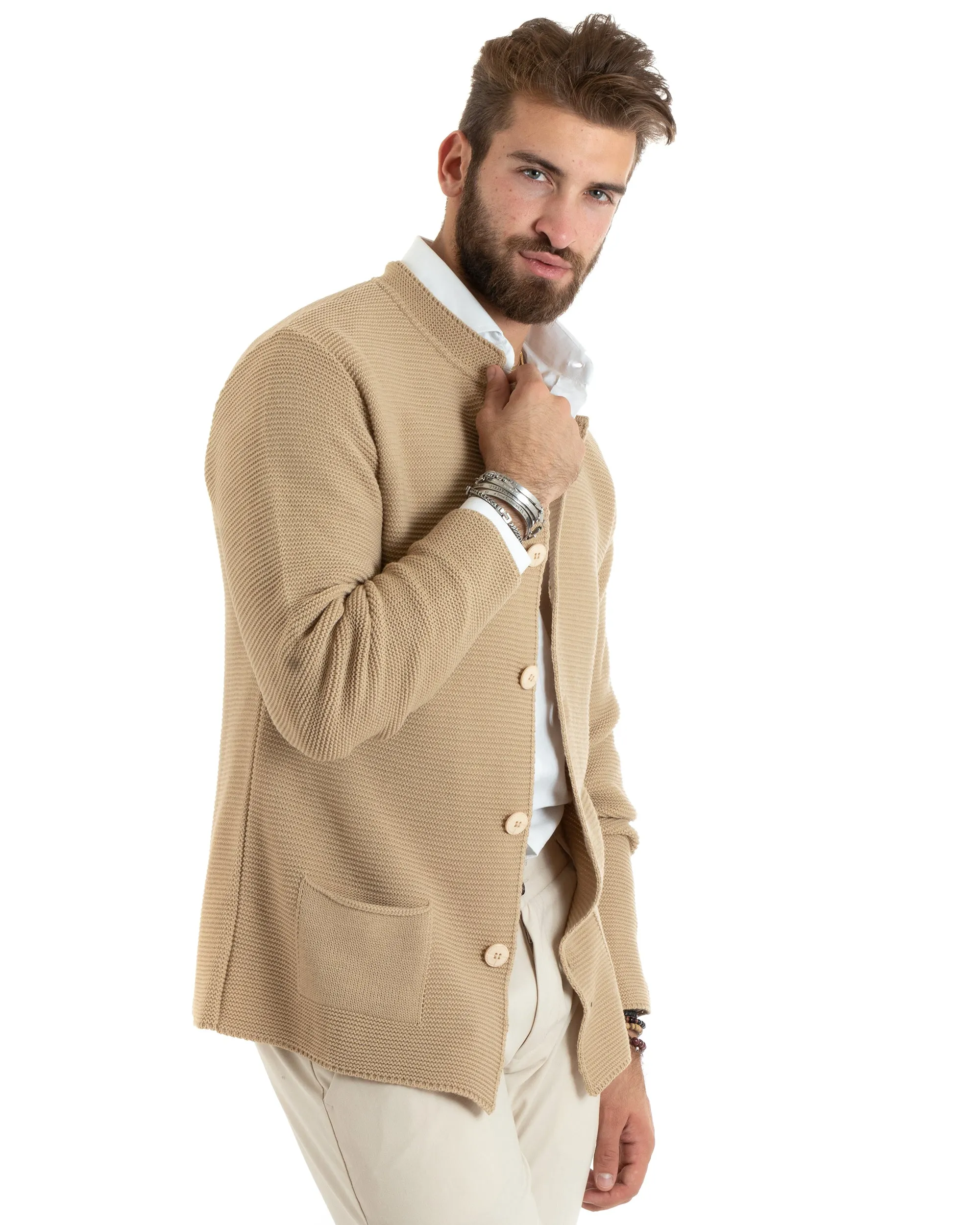 Cardigan Uomo Collo Coreano Maglioncino Monopetto Maglia Giacca Con Bottoni Beige Casual GIOSAL-M2672A