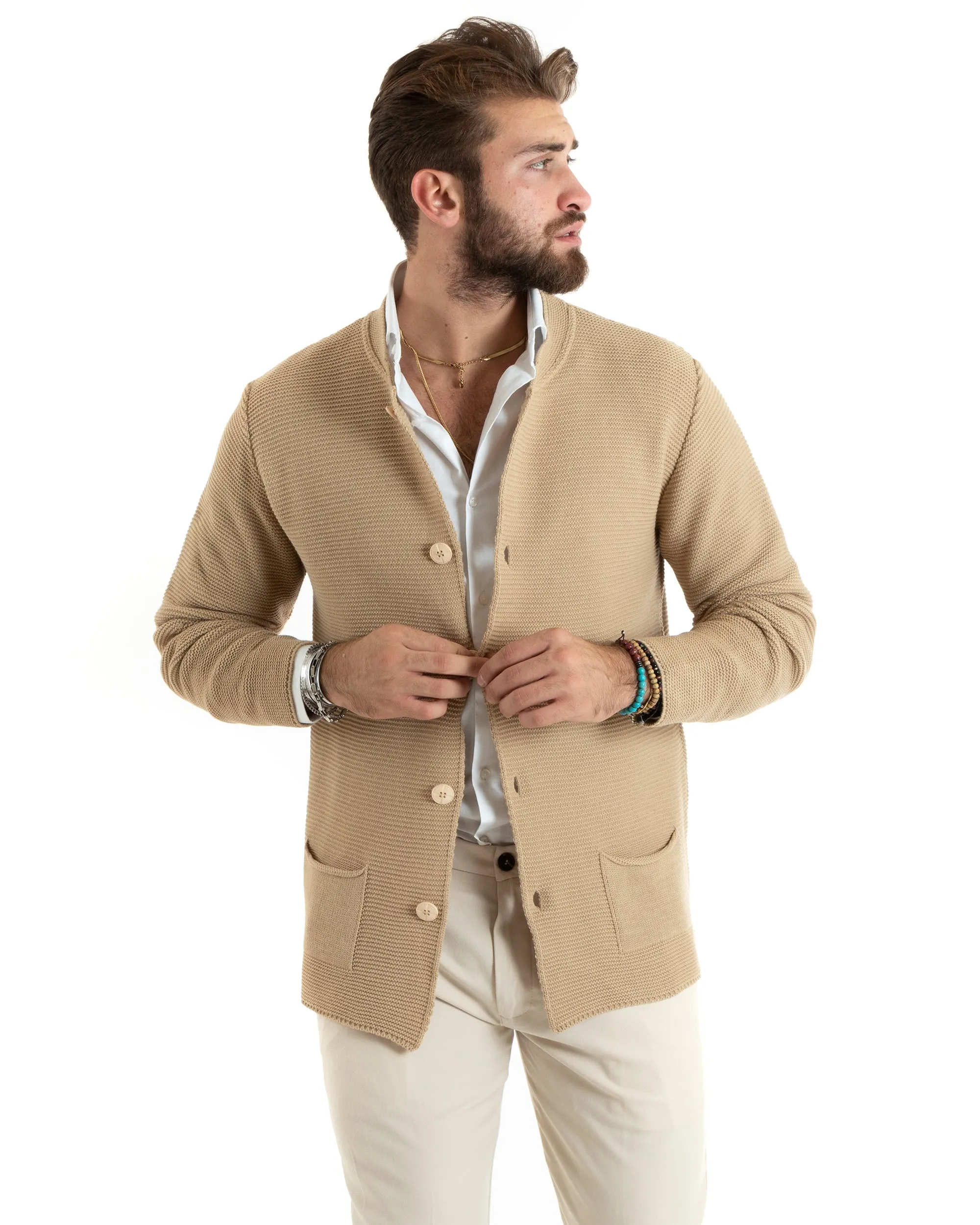 Cardigan Uomo Collo Coreano Maglioncino Monopetto Maglia Giacca Con Bottoni Beige Casual GIOSAL-M2672A