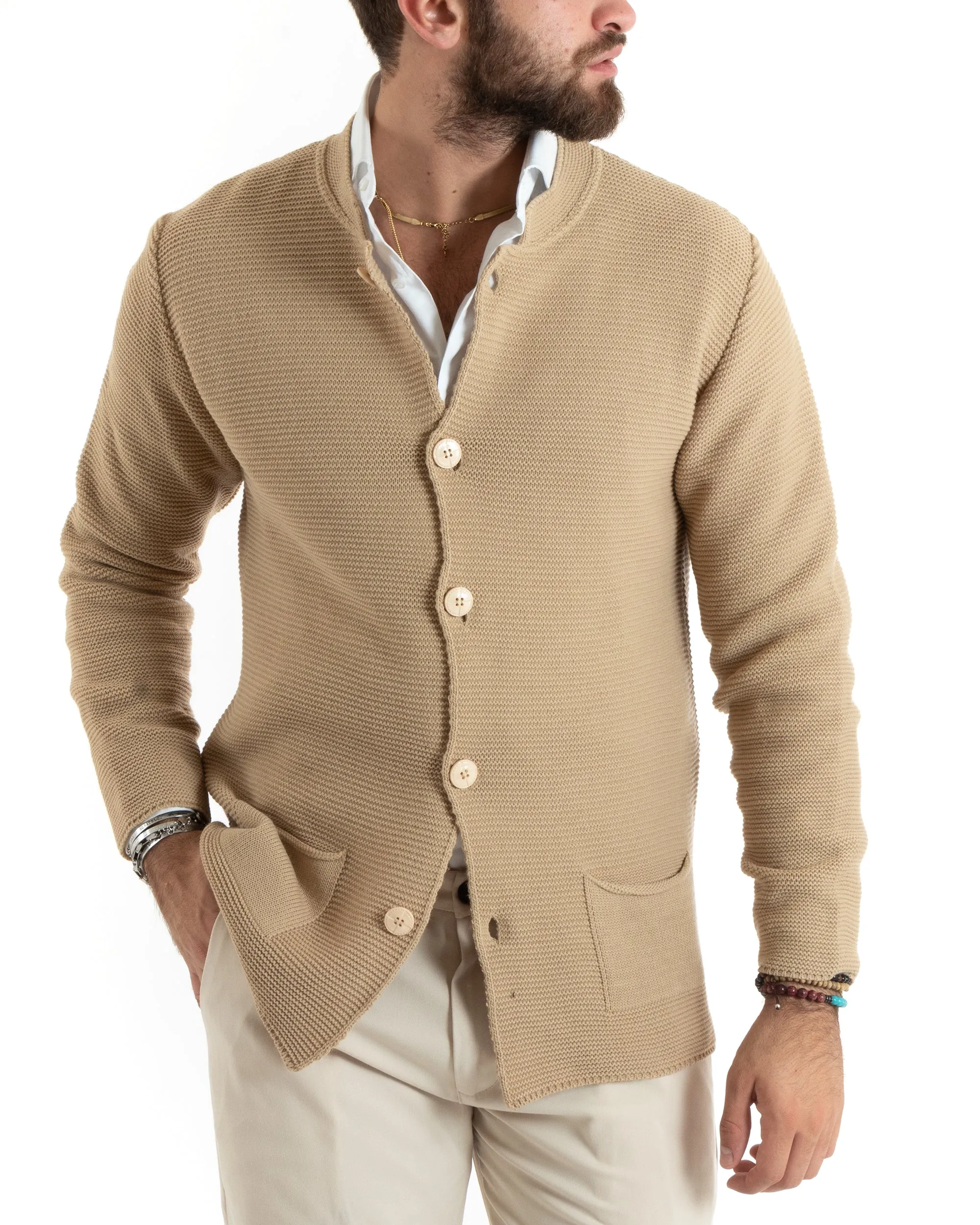 Cardigan Uomo Collo Coreano Maglioncino Monopetto Maglia Giacca Con Bottoni Beige Casual GIOSAL-M2672A