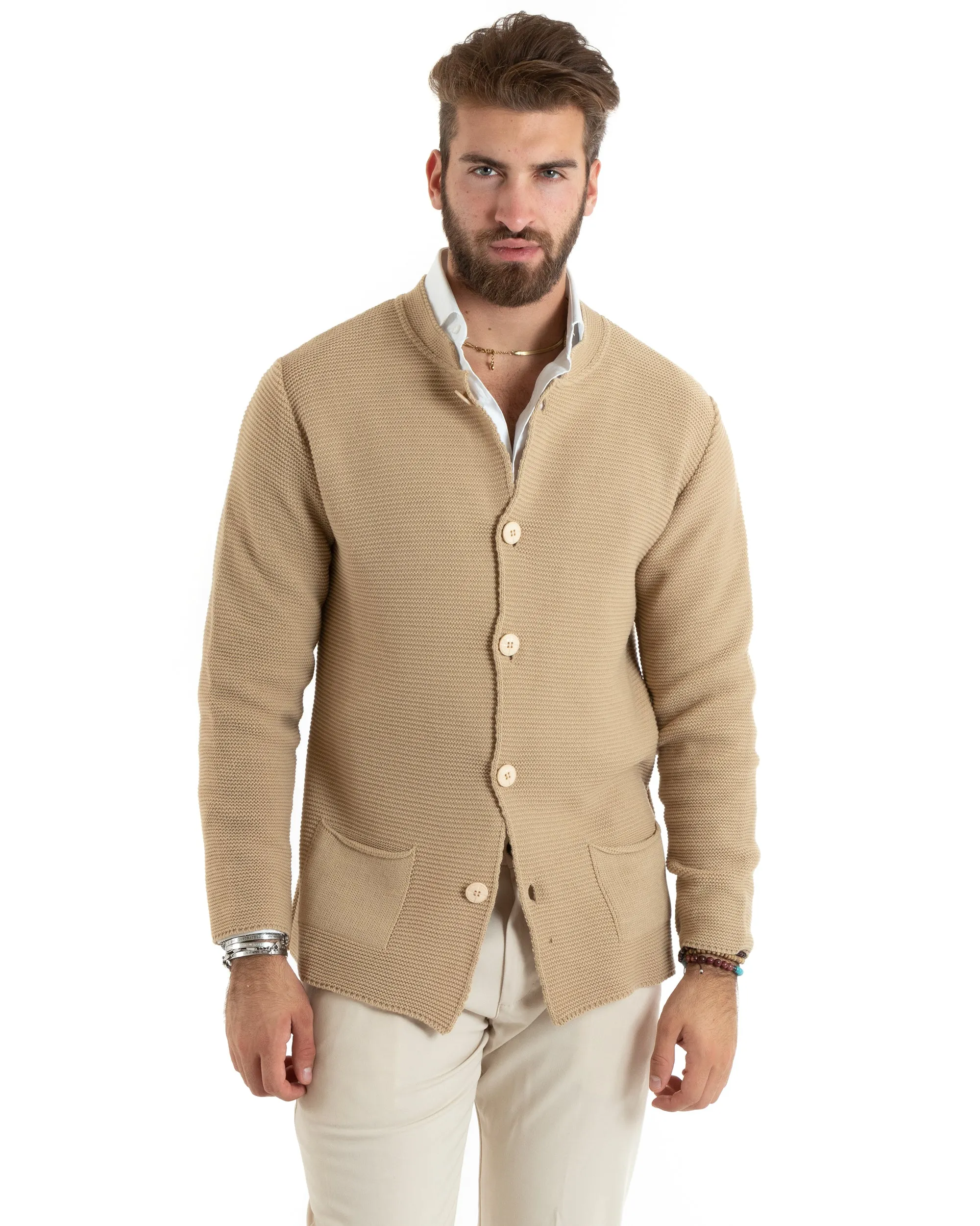 Cardigan Uomo Collo Coreano Maglioncino Monopetto Maglia Giacca Con Bottoni Beige Casual GIOSAL-M2672A