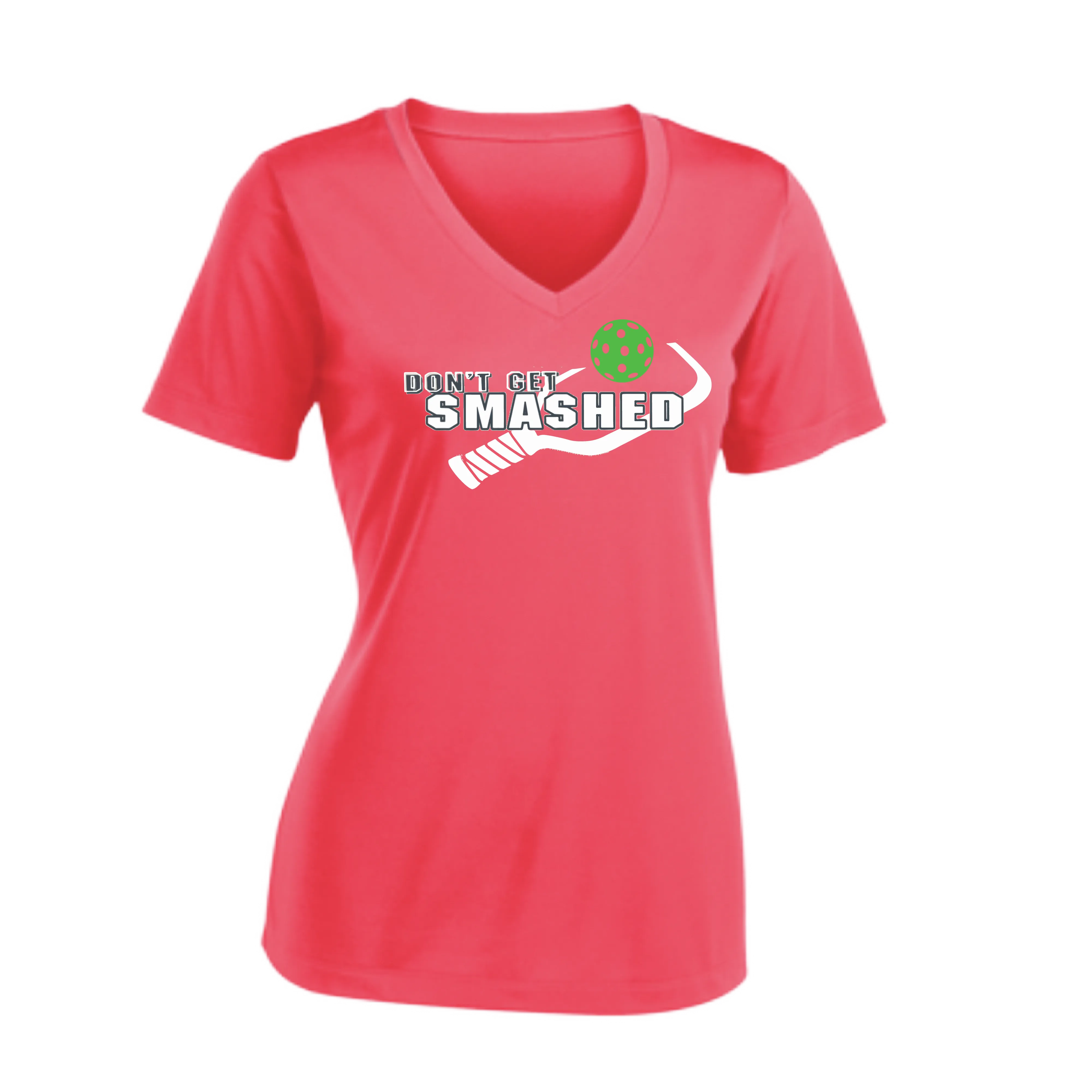 Don't Get Smashed Customizable Pickleballs (Red Green Rainbow) | Women's Short Sleeve V-Neck Pickleball Shirts | 100% Polyester