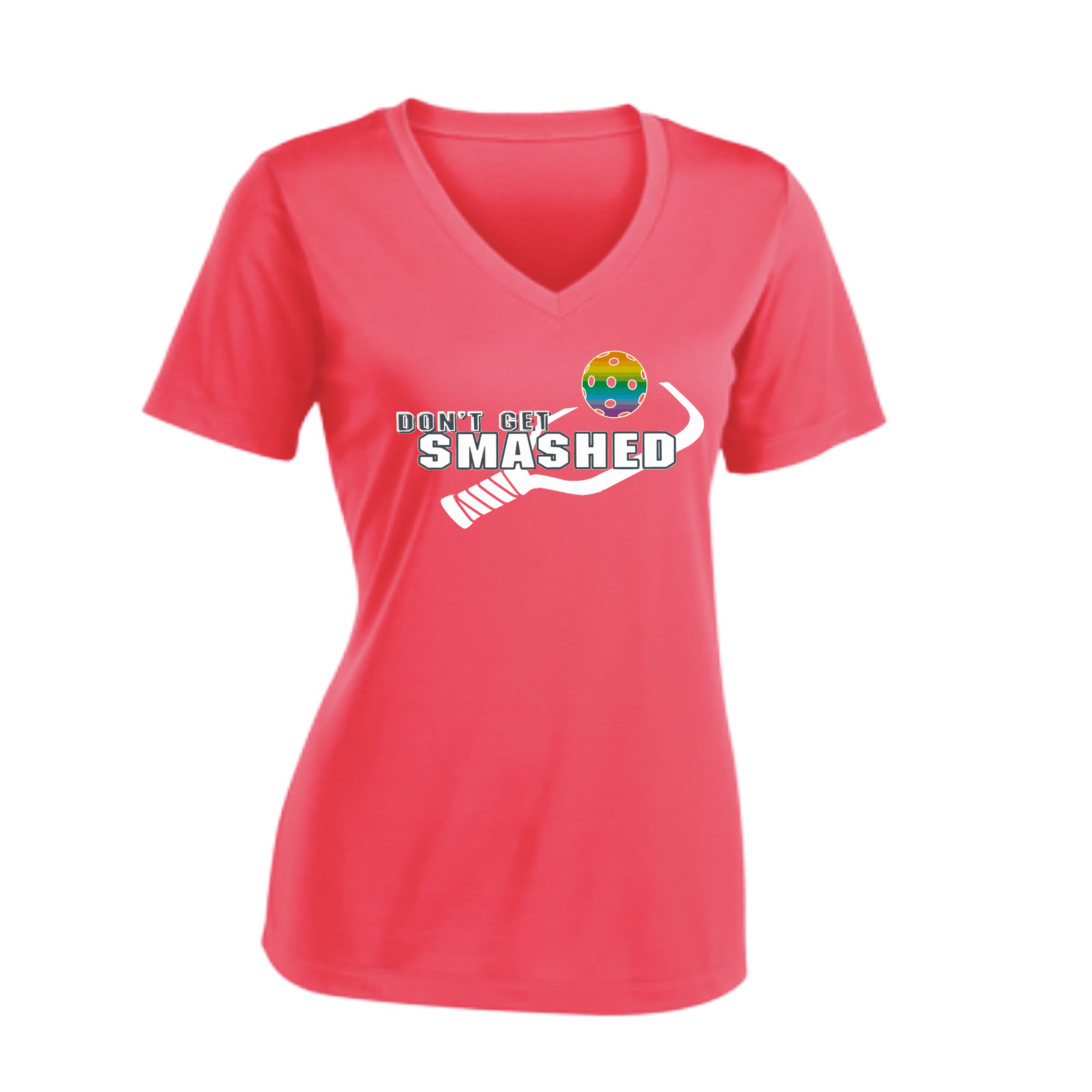 Don't Get Smashed Customizable Pickleballs (Red Green Rainbow) | Women's Short Sleeve V-Neck Pickleball Shirts | 100% Polyester