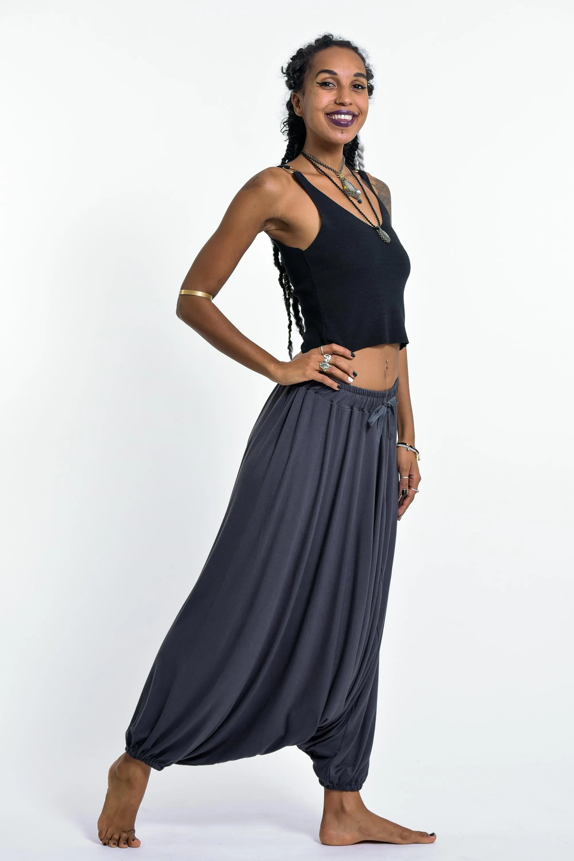 Drawstring Low Cut Harem Pants Cotton Spandex in Solid Gray