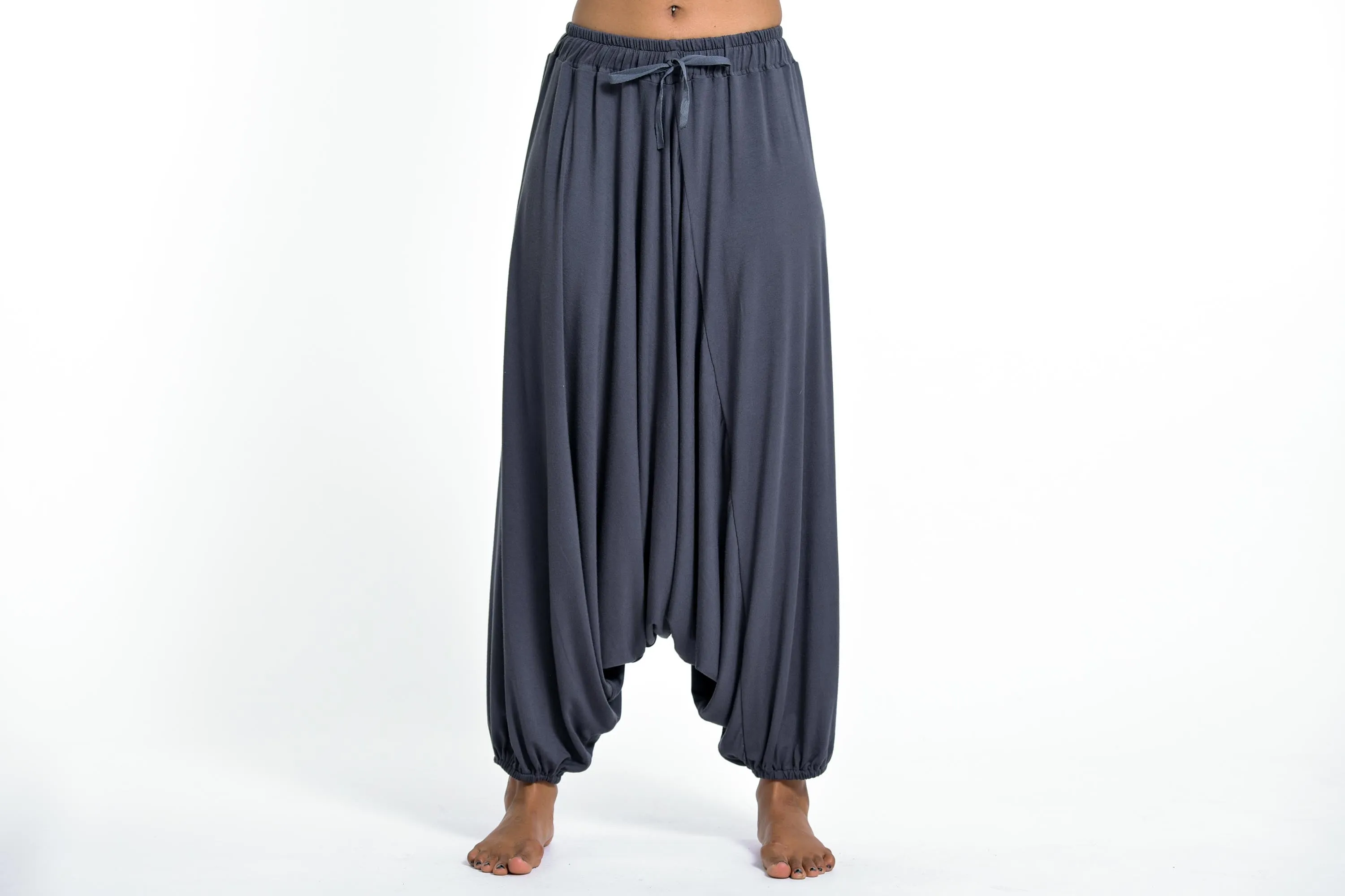 Drawstring Low Cut Harem Pants Cotton Spandex in Solid Gray