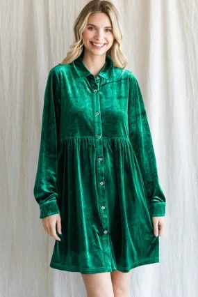 EMERALD GREEN VELVET BUTTON DOWN BABY DOLL DRESS