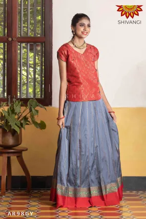 Girls Grey Golden Rain Pattu Pavadai | Langa