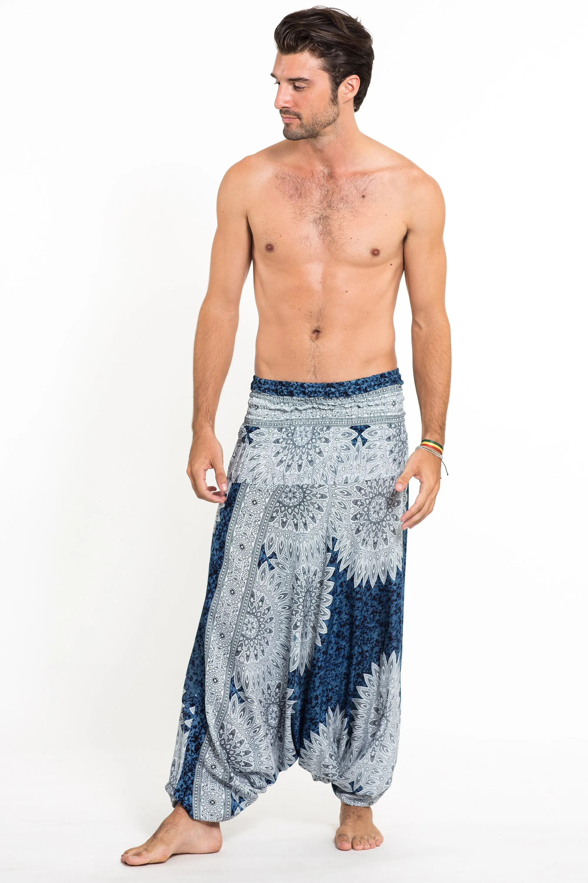 Marble Mandalas Drop Crotch Men's Harem Pants in Indigo