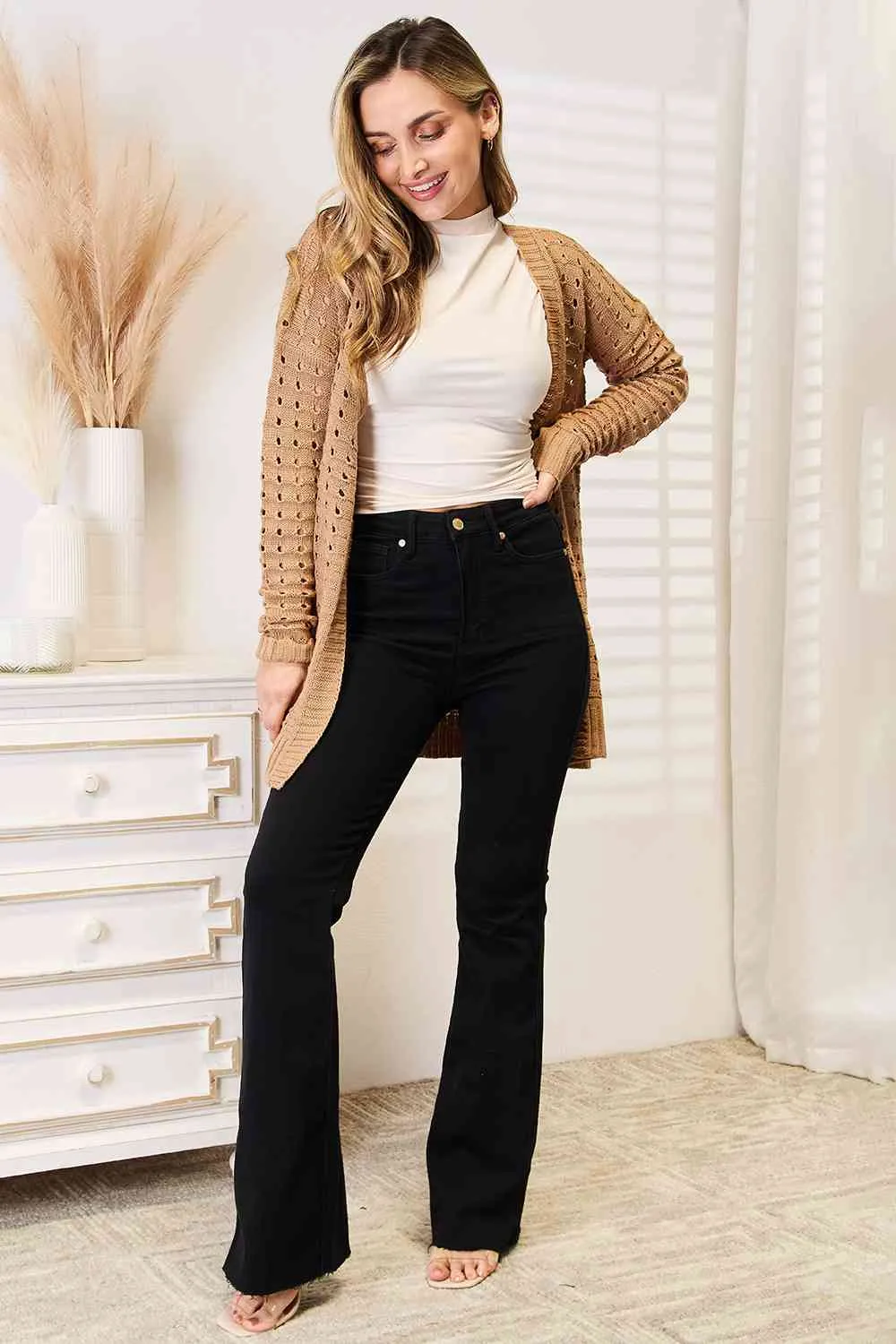 Openwork Horizontal Ribbing Open Front Cardigan in Caramel