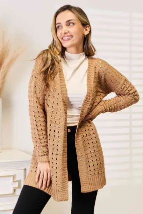 Openwork Horizontal Ribbing Open Front Cardigan in Caramel