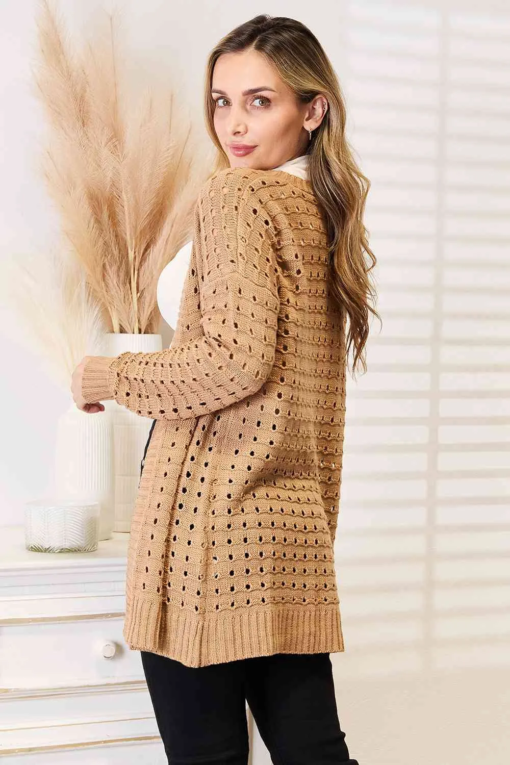 Openwork Horizontal Ribbing Open Front Cardigan in Caramel