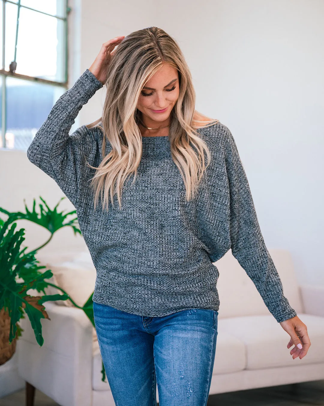 Selena Waffle Knit Dolman Top - Charcoal