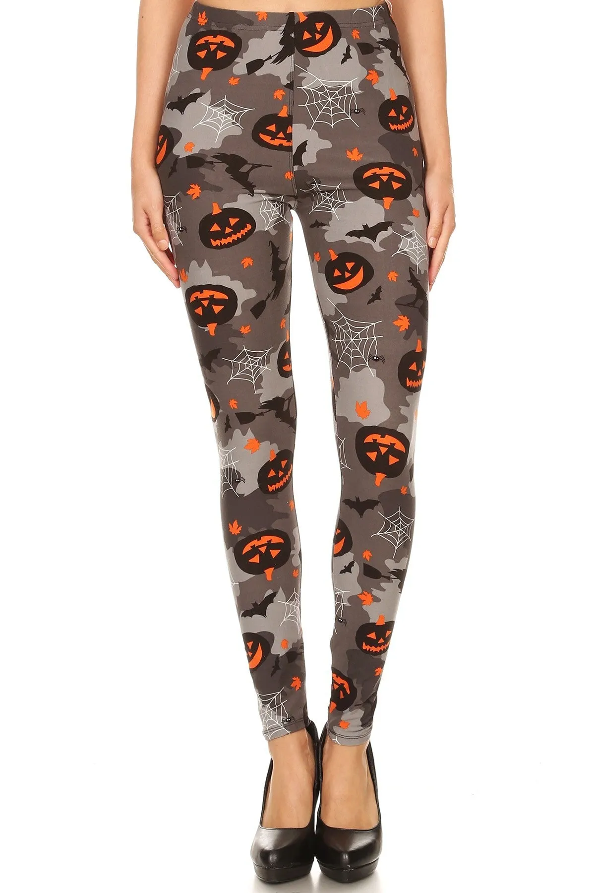 Women's 3X 5X Pumpkin Spider Web Pattern Printed Leggings