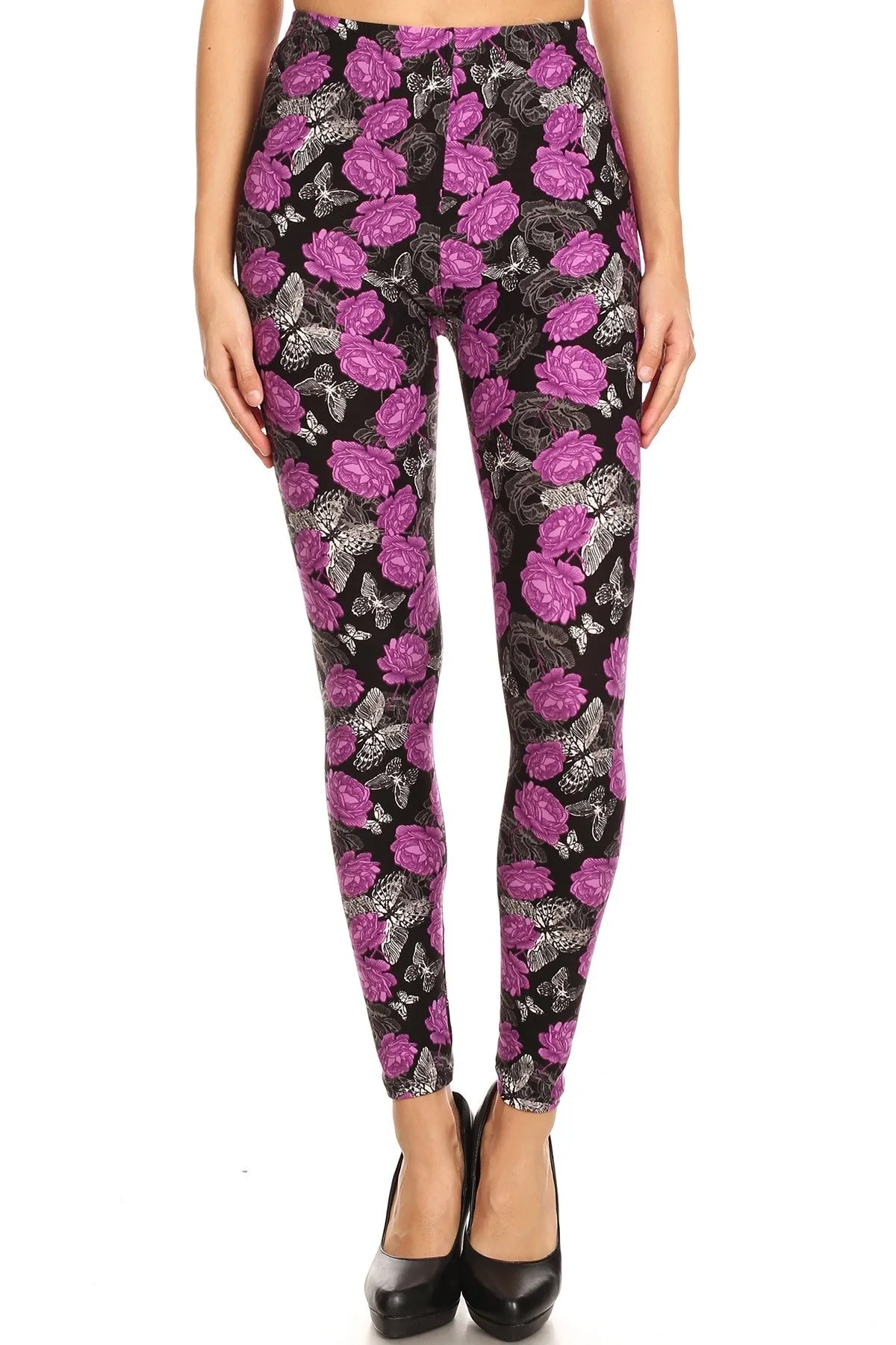 Women's 3X 5X Purple Rose Butterfly Pattern Printed Leggings