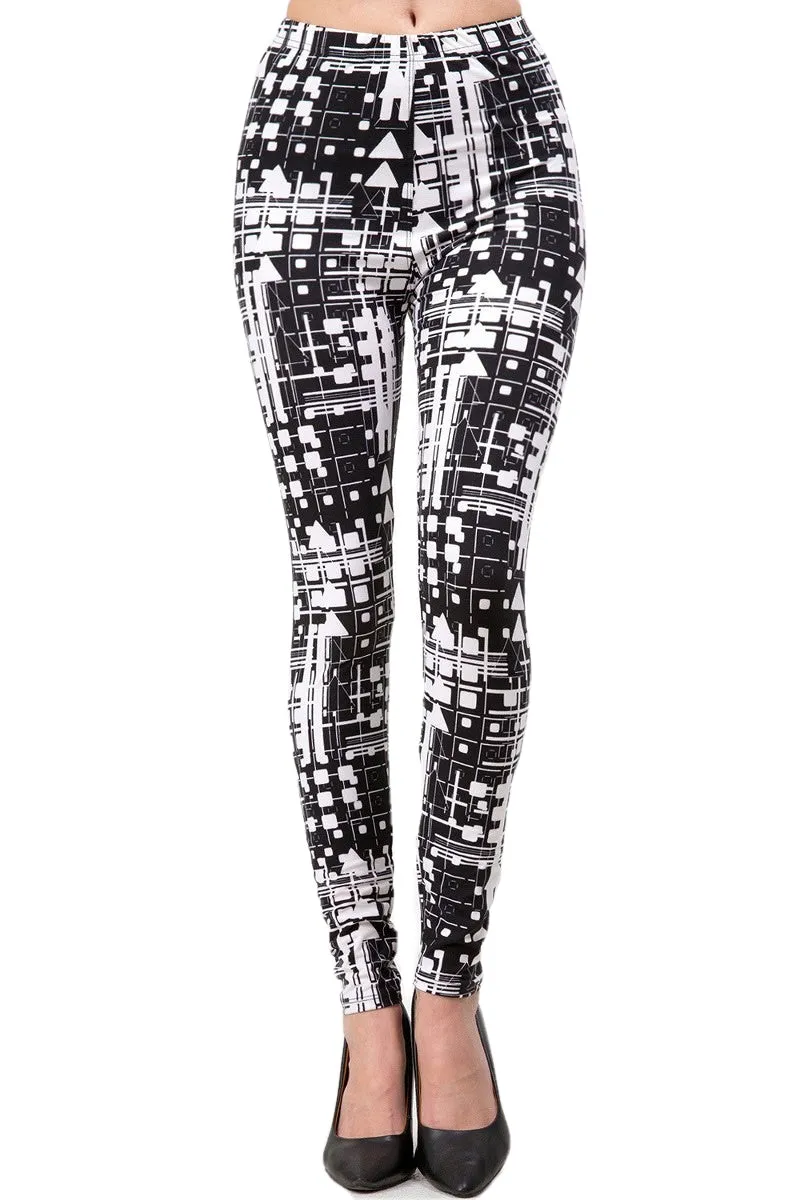 Women's Plus B&W Abstract Mixed Geometric Forms Pattern Printed Leggings