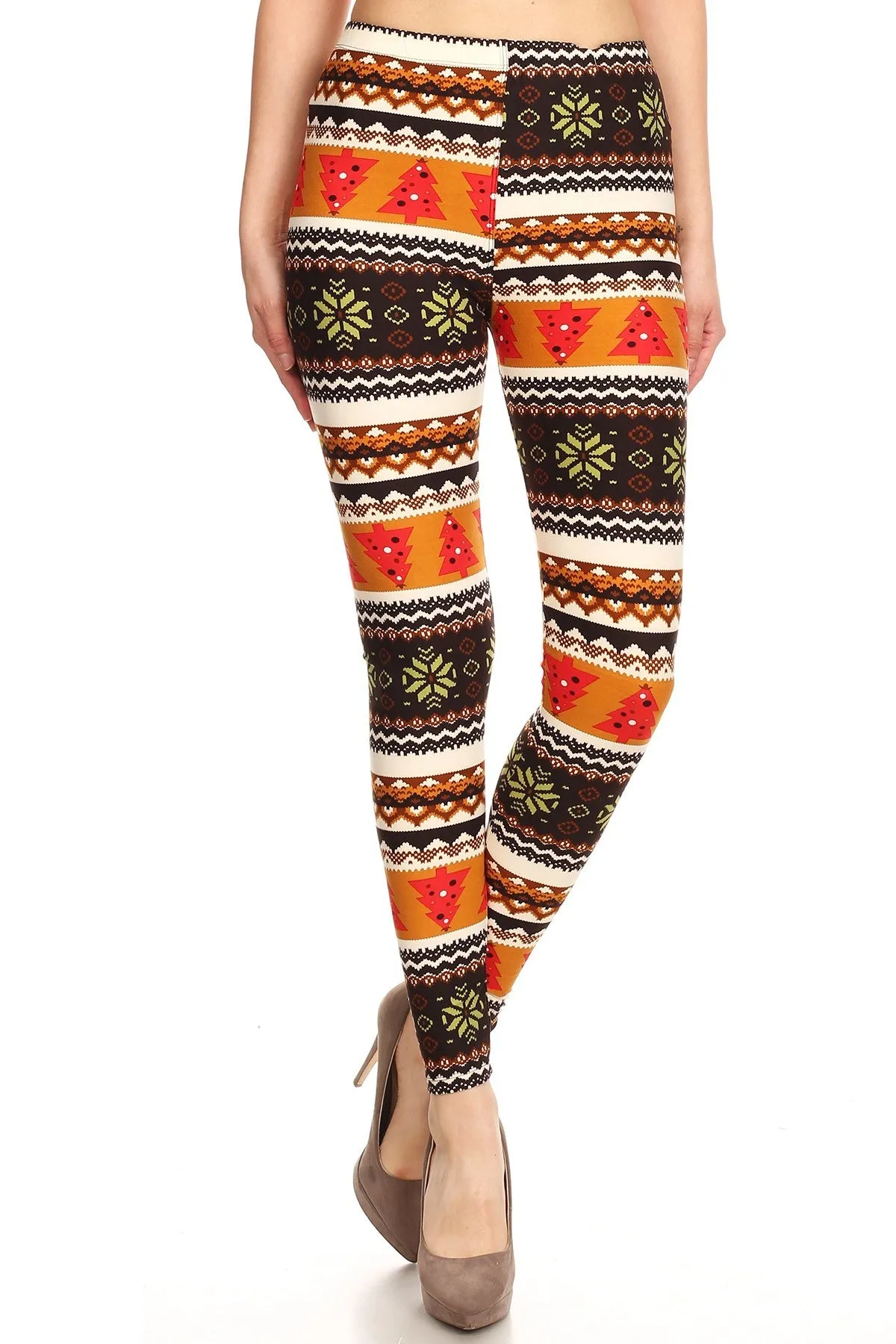 Women's Plus Colorful Fair Isle Snowflake Tree Pattern Printed Leggings